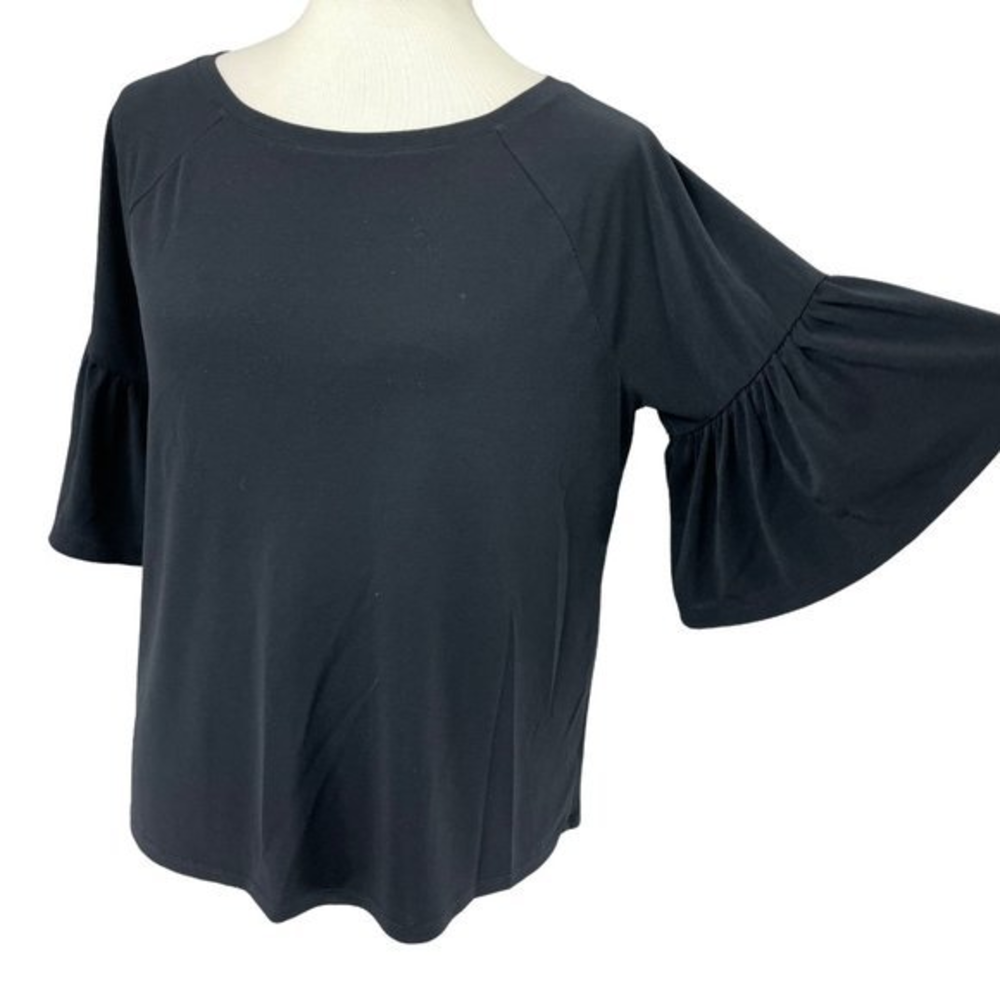 Worthington Women's Black 3/4 Bell Sleeve Scoop Neck Liquid Knit Shirt Top Sz PM